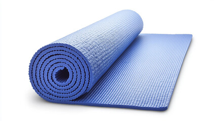 A blue yoga mat rolled up and isolated on a white background
