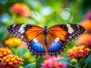 Fototapeta premium Close-Up Portrait of a Varied Eggfly Butterfly Fluttering on Vibrant Flowered Plant, Capturing Nature's Beauty and Delicate Details in Stunning Macro Photography