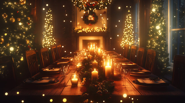 A dining table set for a Christmas feast, surrounded by candles, garlands, and shimmering holiday lights 