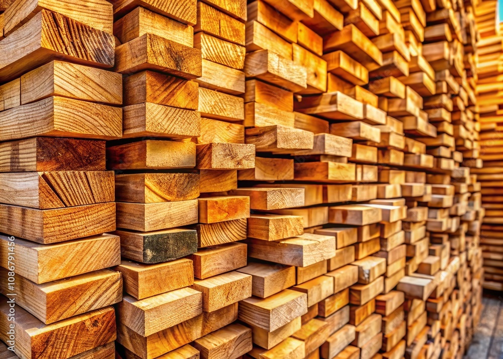 Poster close-up view of stacked construction lumber showcasing intricate detail and texture of rough-cut wo