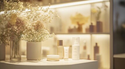 7. A podium at a beauty store showcasing luxury skincare products with subtle lighting and fresh flowers