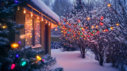 Naklejka premium A snowy outdoor scene with colorful Christmas lights strung along the roof and trees, capturing the holiday spirit 
