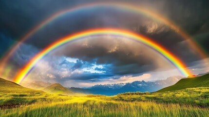 Obraz premium Majestic Double Rainbow Arches Over Lush Green Grass Fields With Stunning Mountain Scenery and Dramatic Cloudy Sky at Sunrise