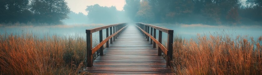 A Misty Bridge Guiding the Way Through a Serene Landscape of Discovery An Enchanting Journey into Nature's Embrace, Where Wooden Pathways Lead to Tranquil Waters and Breathtaking Scenery Awaits This