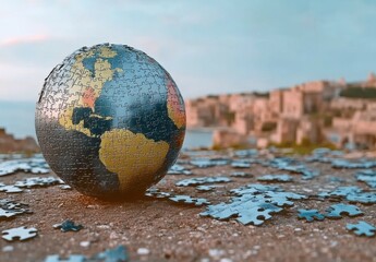 Colorful globe puzzle piece on the ground with scattered jigsaw pieces under a serene sky showcasing world geography and exploration theme in a natural setting