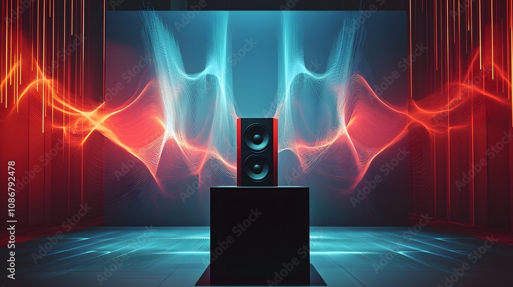 Poster 8. a podium with a high-end speaker system placed on top, with sound waves emanating from the displa