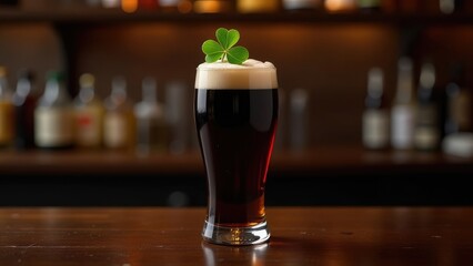 A dark beer with a creamy head and a shamrock on top sits on a dark wooden bar, with a blurred bar back visible behind it. Concept of a St. Patrick's Day drink at a bar.