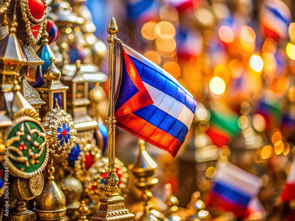 Poster collection of russia flags and symbols on various objects, showcasing the national identity with ban