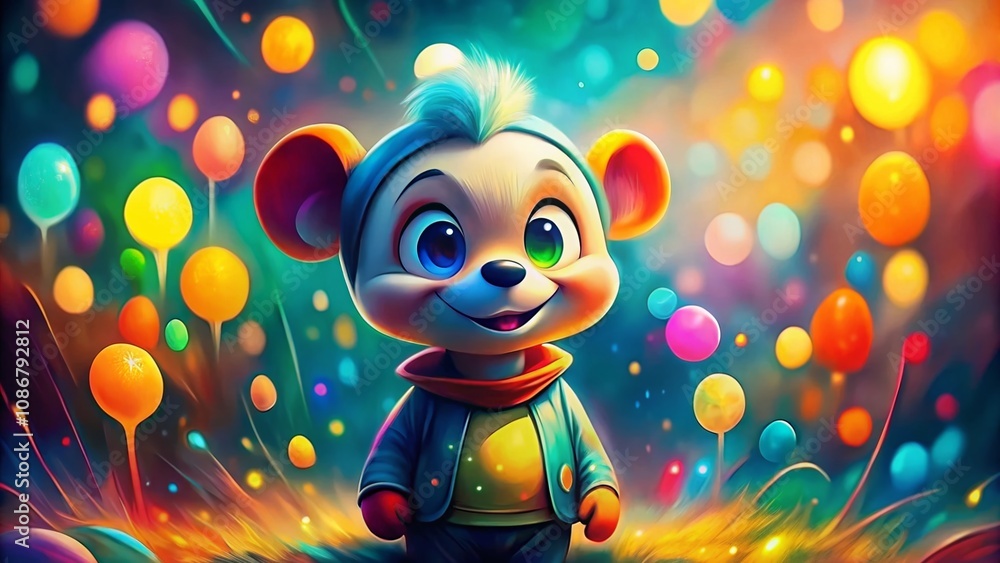 Poster colorful abstract painting featuring a cartoon character in a whimsical style with artistic typograp