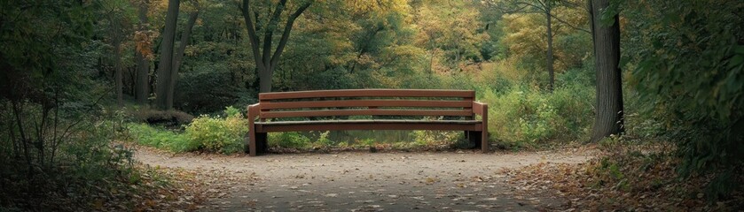 Obraz premium Discover serenity on a solitary bench nestled beside a quiet path, a tranquil scene perfect for contemplation Embrace solitude amidst the autumnal hues of nature's embrace Find peace in the stillness