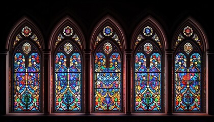 A gothic-style stained glass window with five arches