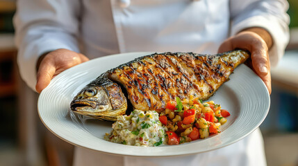 chef holding plate with fried dorado fish and vegetables close-up