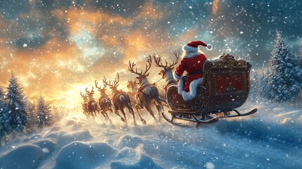 A festive scene of Santa Claus in a sleigh pulled by reindeer, gliding through a snowy landscape with a colorful sunset in the background.