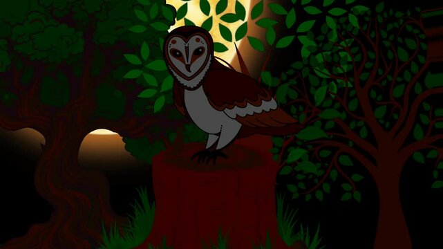 An owl perched on a red tree stump amidst a dark, leafy forest with a glowing background, creating a mysterious and enchanting atmosphere animation video 