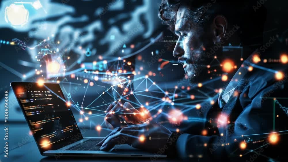 Aufkleber businessman using futuristic technology for global data exchange and cloud computing in modern busin
