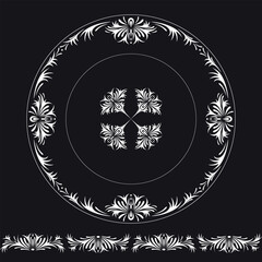 A set of horizontal and round floral ornaments. Graphic black and white vector.