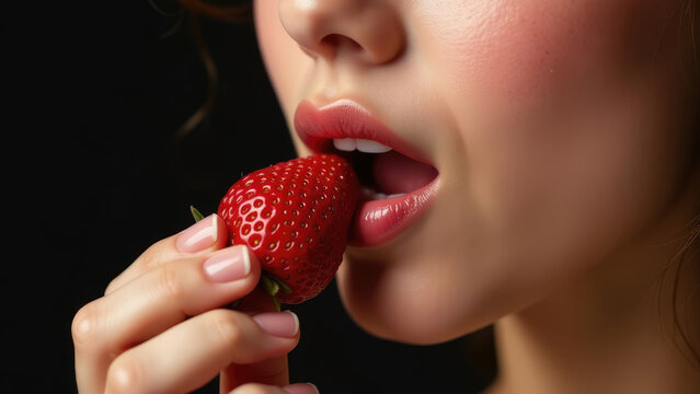 A close-up shot of a woman's lips with red lipstick delicately holding and about to bite into a fresh strawberry against a black background. Concept of sensual pleasure and simple beauty - Powered by Adobe