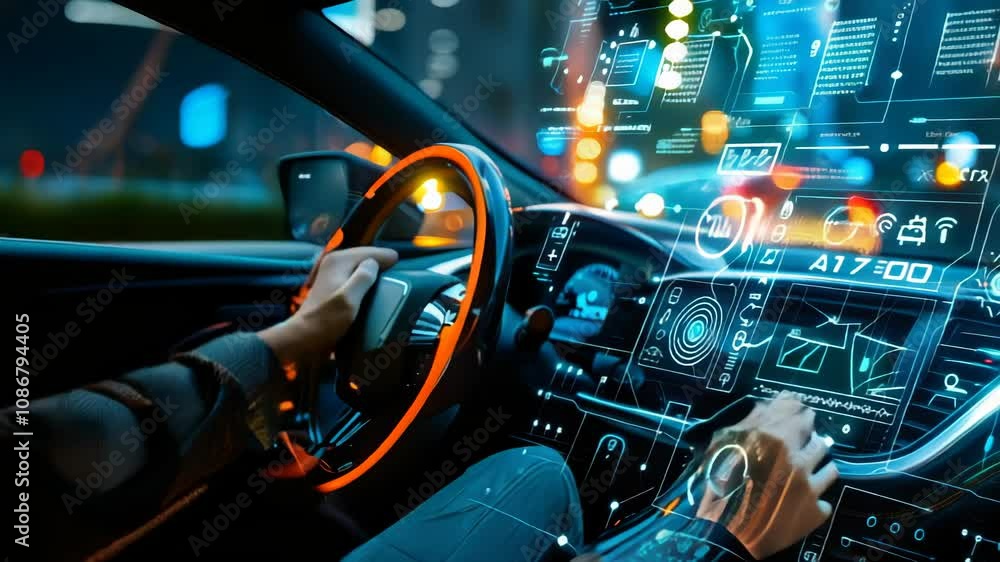 Poster futuristic vehicle with advanced graphical user interface and heads-up display in connected internet