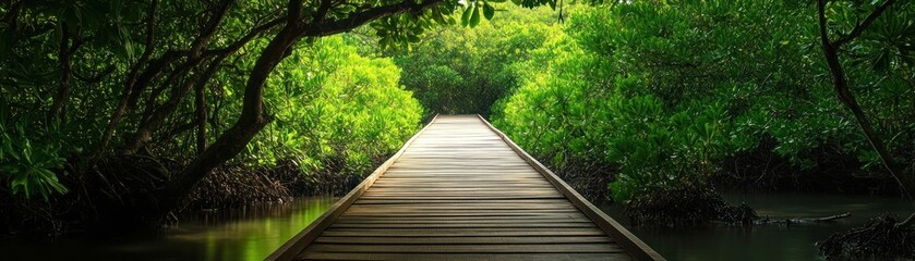 Discover Tranquility A Wooden Bridge Leading to Serene Nature Paths This image showcases a peaceful walkway through lush greenery, offering a journey of discovery and a tranquil escape Find your path