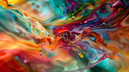 A colorful, abstract painting with blue, pink, and orange swirls