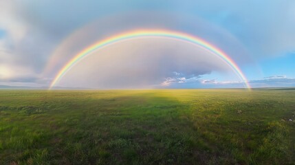 Breathtaking Rainbow Arching Over Expansive Green Prairie Under Cloudy Blue Sky