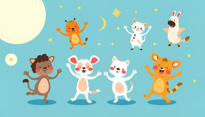 Vector illustration set of cute dancing animals in cartoon style

