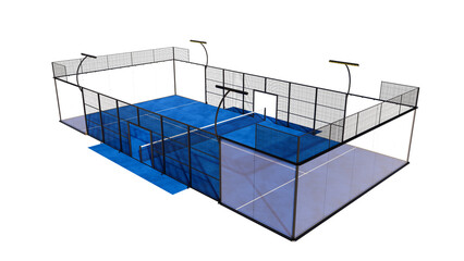 Isometric view blue padel tennis court illustration 3d rendering isolated on transparent background