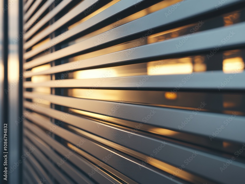 Poster modern abstract close-up of horizontal metal slats with soft sunset light filtering through, creatin