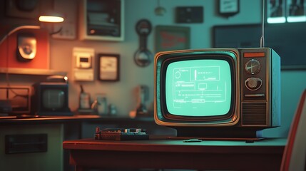 Nostalgic Vibes: Close Up of Vintage Television Displaying Classic Black-and-White Images in Cozy Retro Living Room with Warm Lighting