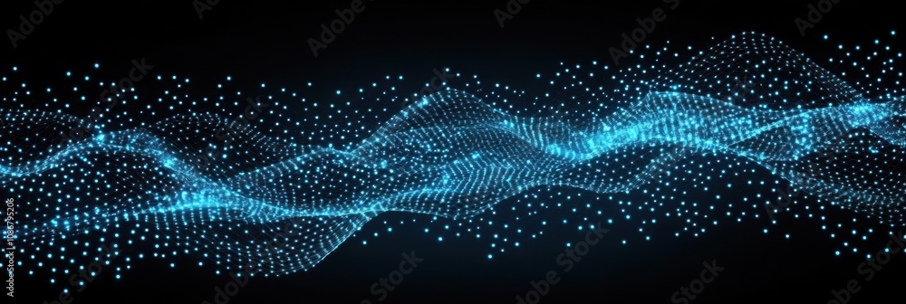 Poster abstract digital wave pattern with vibrant blue particles on a dark background creates a futuristic 