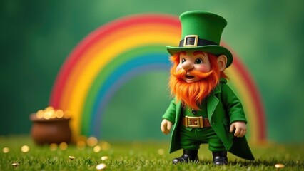 A cheerful cartoon leprechaun stands in a grassy field with a rainbow and pot of gold in the background. Concept of a St. Patrick's Day character.