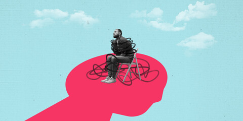Seated man wrapped in chaotic lines, placed inside red silhouette of head, symbolizing mental and...