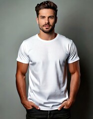 Obraz premium t shirt mock up person wearing blank plain white t shirt 