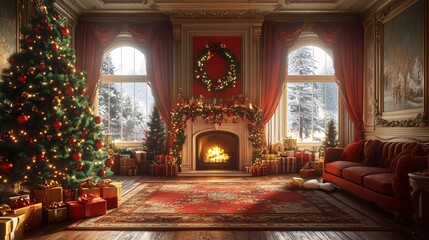Obraz premium A cozy, festive living room adorned with a Christmas tree, decorations, and a warmly lit fireplace, evoking a joyful holiday spirit.