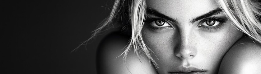 Naklejka premium Edgy model in a minimalist setting, showcasing intense gaze and captivating beauty High-fashion monochrome portrait photography The model's edgy style contrasts sharply with the clean background