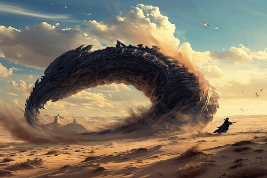 Huge Sand Worm, Giant Sandworm Raising Up From the Desert Depths, Little Man in Black