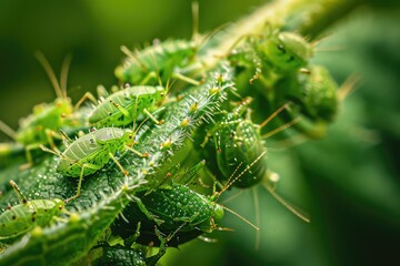 Naklejka premium Aphid Insects, Greenfly On Plant, Small Garden Parasite Animals, Aphids Pest Colony Closeup