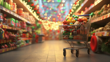 Festive Shopping Cart Full of Holiday Decorations in Supermarket Aisle