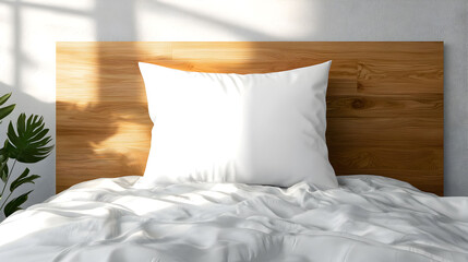 A serene bedroom scene featuring a wooden headboard, white pillow, and soft bedding, illuminated by gentle sunlight.
