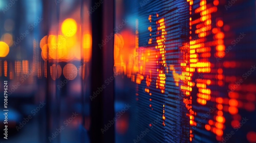 Poster abstract representation of a digital stock market display with vibrant lights in a city backdrop sho