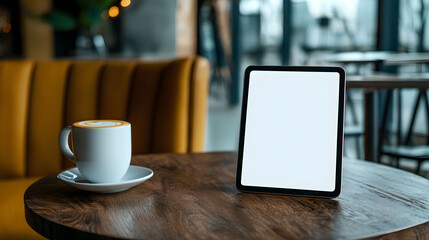 A cozy cafe scene featuring a tablet and a cup of coffee on a wooden table, perfect for work or leisure in a relaxing environment.
