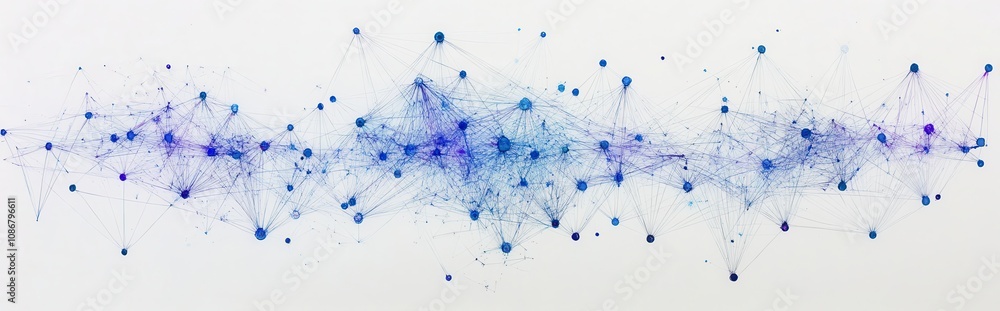 Poster abstract connection network with blue and purple nodes representing data flow and digital communicat