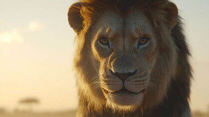 A majestic lion gazes directly at the viewer, showcasing its powerful presence against a soft,...