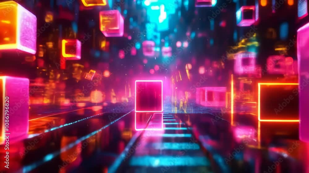 Poster futuristic neon cubes abstract 3d background animation with glowing colors and floating elements per