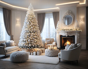 Living room decorated for Christmas with white theme Christmas tree, fireplace and sofa. Christmas image. Card design. 白色のテーマのクリスマスツリーと暖炉とソファーのあるクリスマスの飾りをしたリビングルーム。クリスマスのイメージ。カードデザイン。