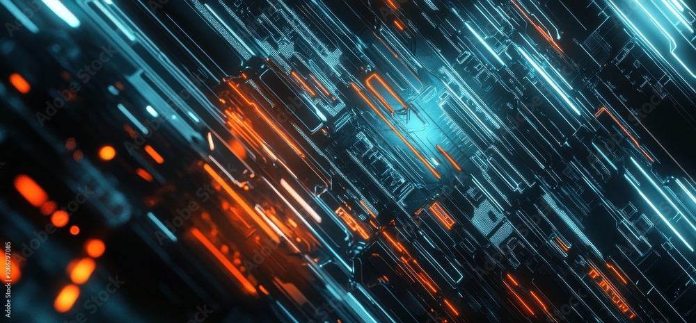 Poster abstract technological background featuring luminous blue and orange circuit patterns, highlighting 
