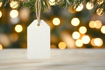 Blank holiday tag hanging from evergreen branch with festive lights background
