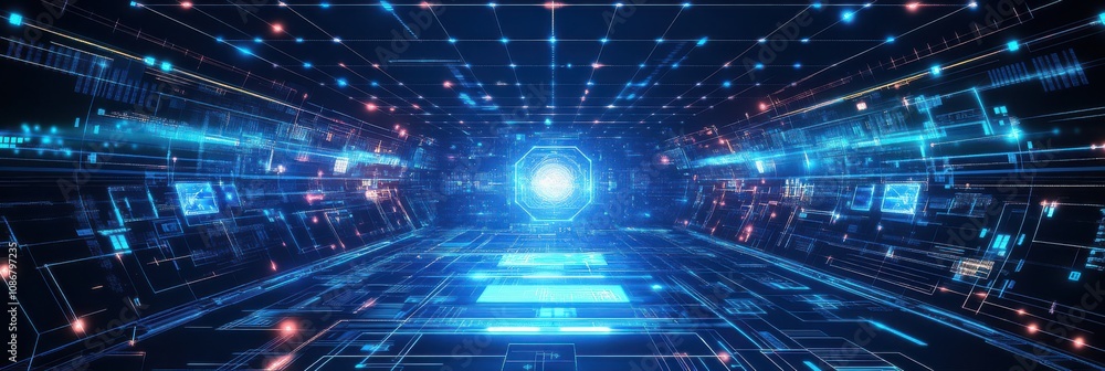 Poster abstract digital tunnel with bright blue light and colorful data streams creating a futuristic envir