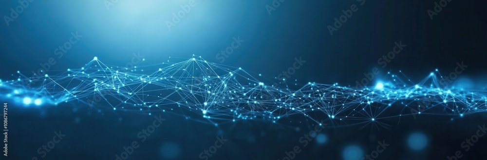 Poster abstract digital landscape with glowing blue connections and particles representing data flow, techn