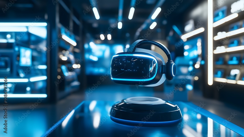 Poster 15. a high-tech podium with a new vr headset displayed in a futuristic electronics store